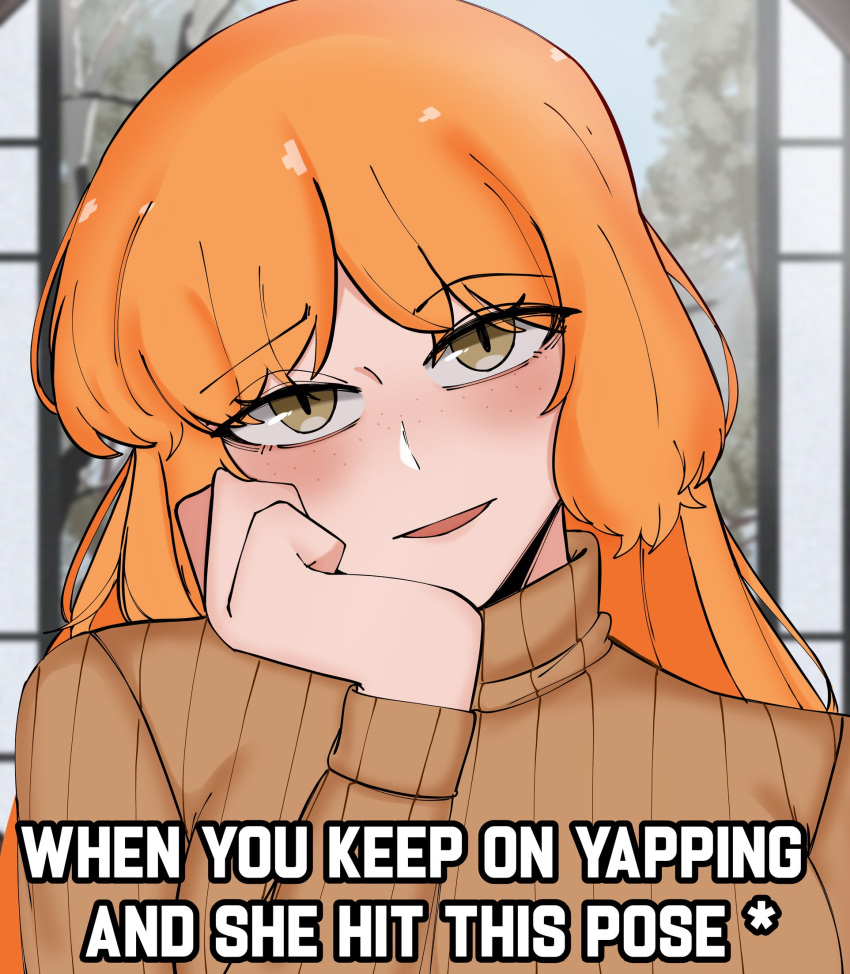 1girl, bakwanjagung04, brown_sweater, english_text, freckles, green_eyes, highres, ishmael_(project_moon), light_smile, limbus_company, long_sleeves, meme, orange_hair, pinstripe_sweater, project_moon, solo, striped_clothes, sweater, turtleneck, vertical-striped_clothes