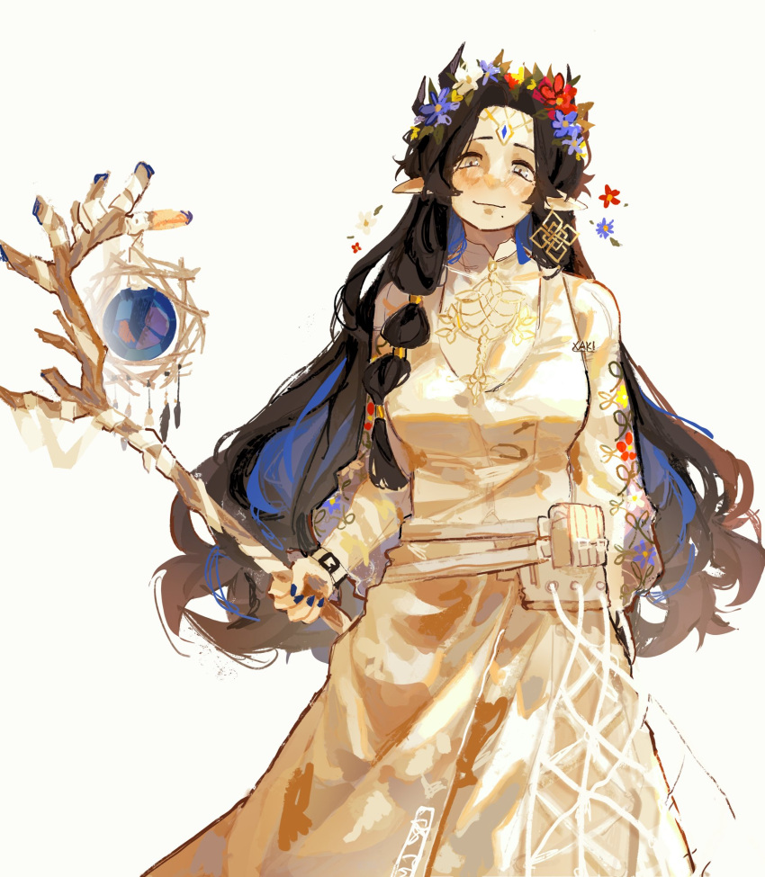arknights, black_hair, black_horns, black_nails, blue_gemstone, blue_hair, dress, earrings