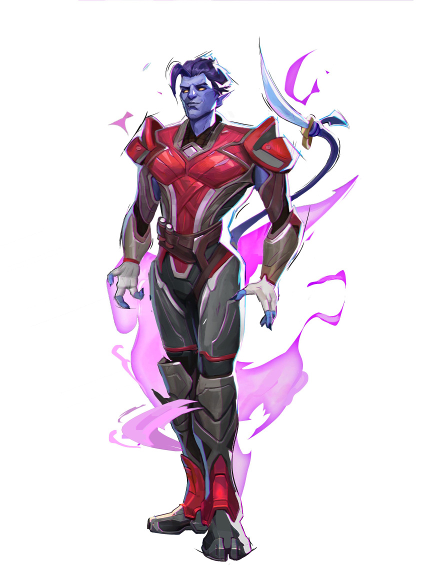 1boy, absurdres, armor, blue_hair, blue_skin, colored_skin, cutlass, david_herzen