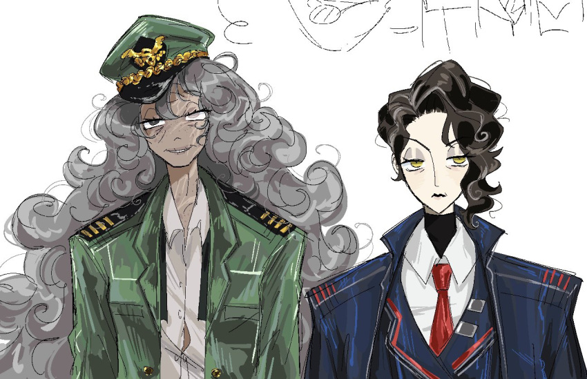 2girls, ahab_(project_moon), blue_jacket, blue_vest, brown_hair, button_gap, buttons, collared_shirt