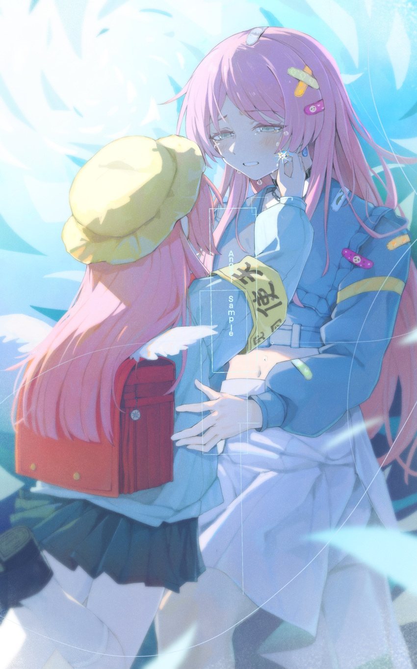 2girls, absurdres, aged_down, armband, backpack, bag, bandaid, bandaid_on_clothes