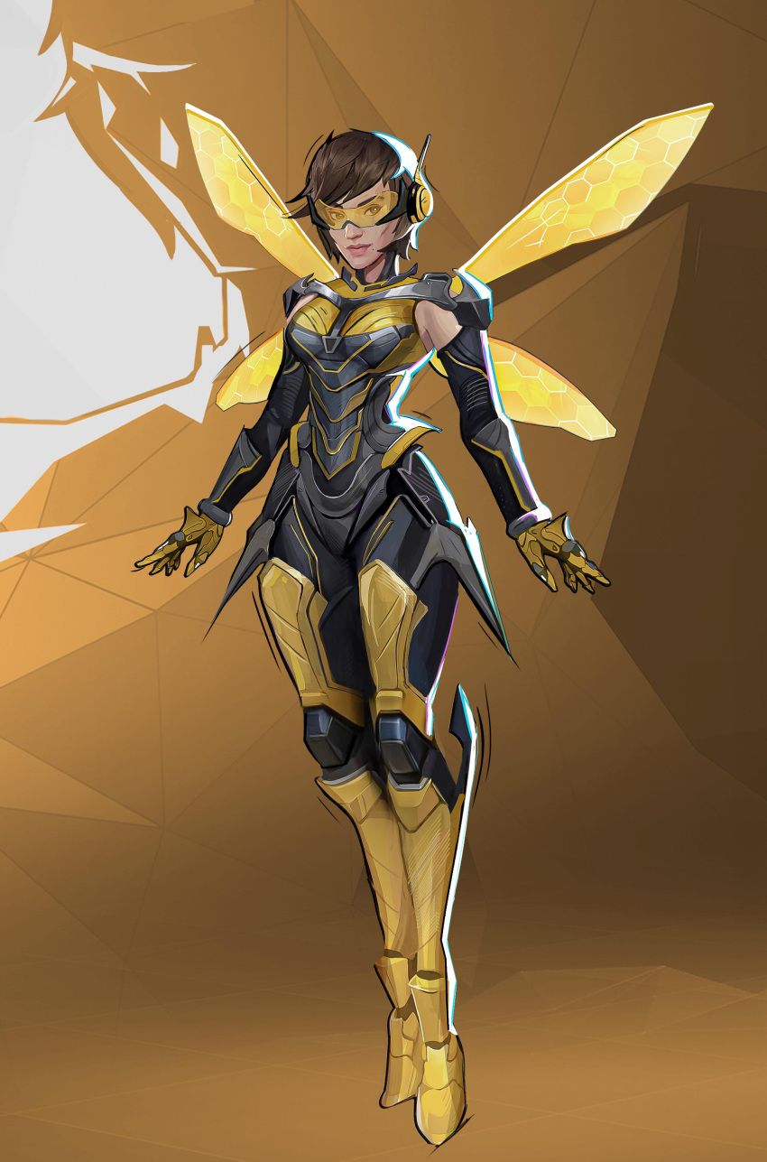 1girl, absurdres, armor, brown_hair, david_herzen, highres, insect_wings, janet_van_dyne, looking_at_viewer, marvel, marvel_rivals, short_hair, solo, tinted_eyewear, wasp_(marvel), wings, yellow-tinted_eyewear, yellow_wings