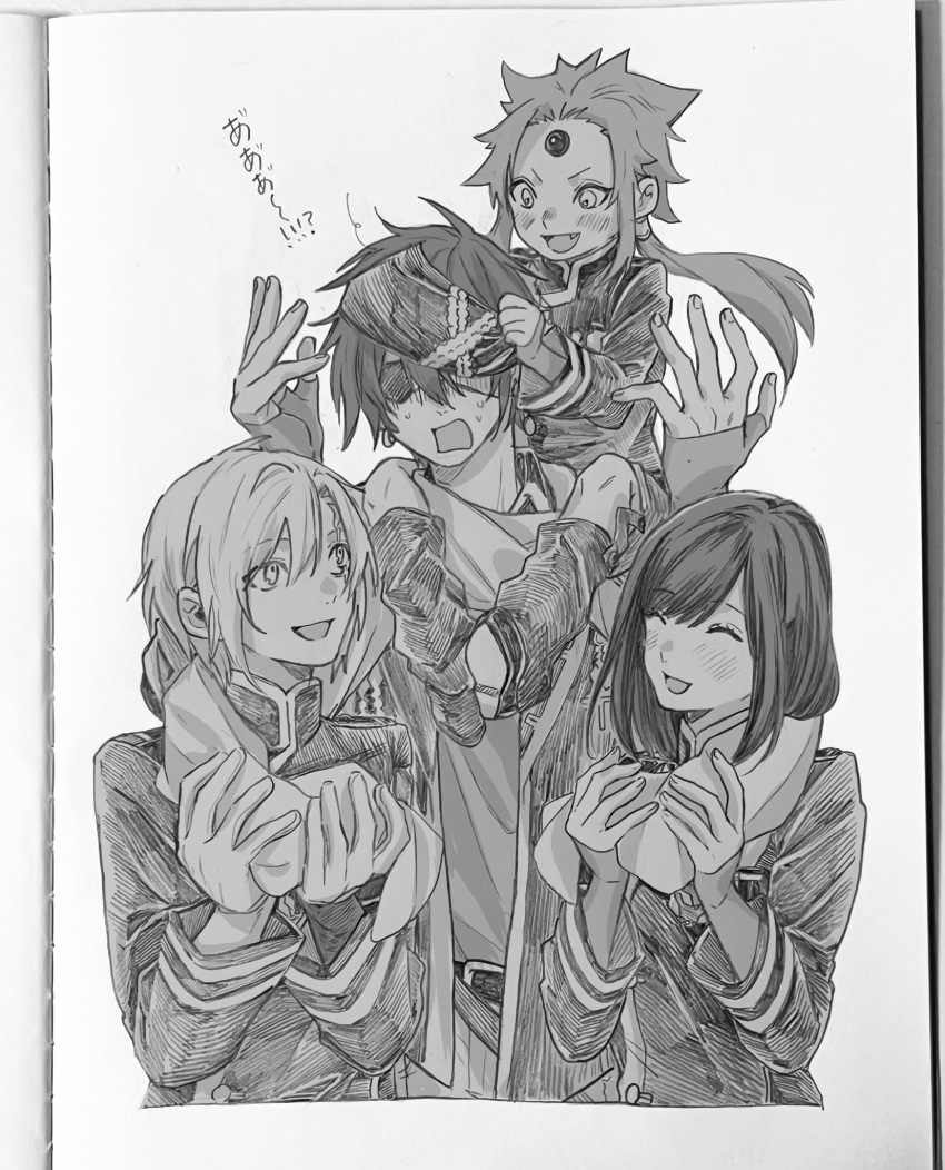 >:), 1girl, 3boys, allen_walker, arms_up, belt, black_coat, black_headband