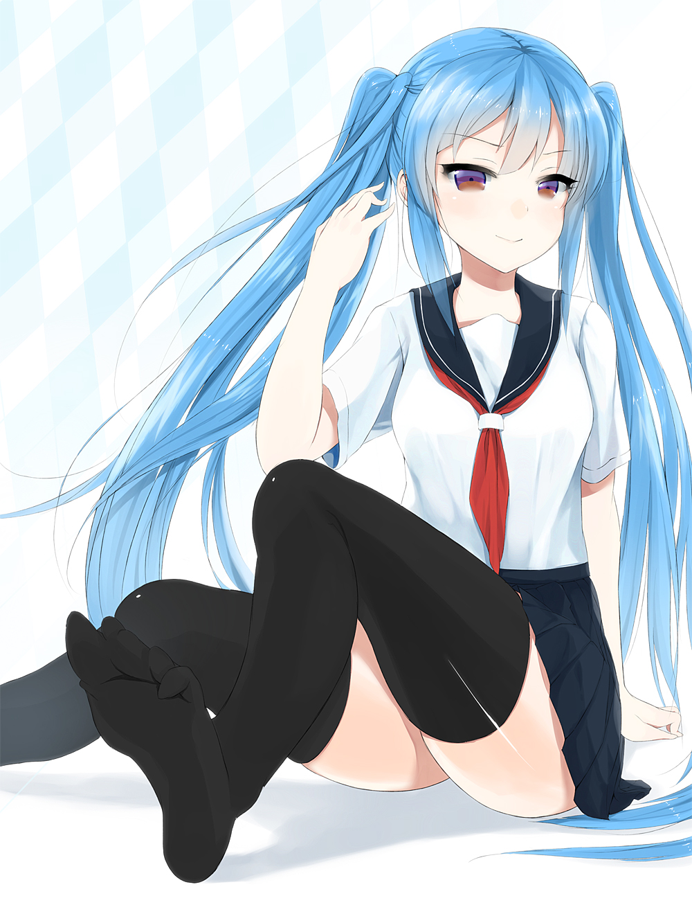 alternate_eye_color, black_legwear, black_thighhighs, blue_hair, blush, brown_eyes, feet, hair_flip