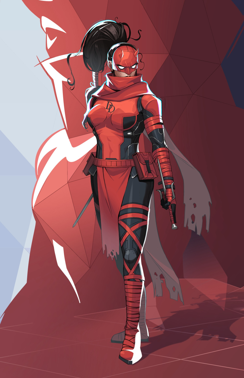1girl, absurdres, black_bodysuit, black_hair, black_pants, bodysuit, daredevil, elektra_natchios