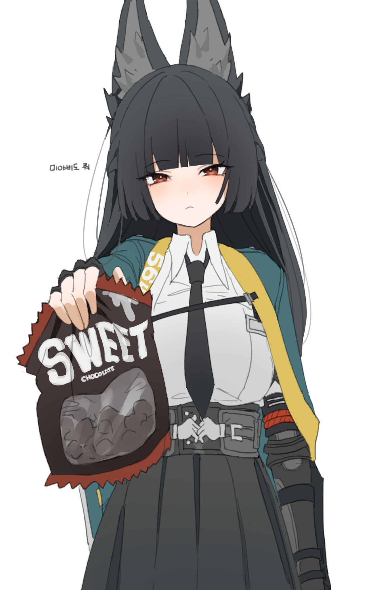 1girl, animal_ear_fluff, animal_ears, bag, black_hair, black_necktie, blunt_bangs, chocolate