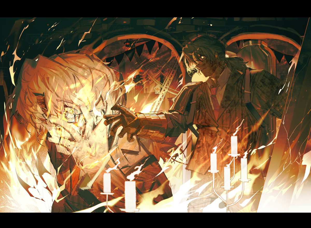 1boy, candle, collared_shirt, commentary, english_commentary, ferris_wheel, fire, firefist_office_(identity)_(project_moon), glasses, gregor_(project_moon), hand_on_own_face, letterboxed, limbus_company, low_ponytail, male_focus, mechanical_arms, necktie, pants, pinstripe_jacket, pinstripe_pattern, ponytail, project_moon, red_necktie, shirt, single_mechanical_arm, yellow_eyes, yolk72