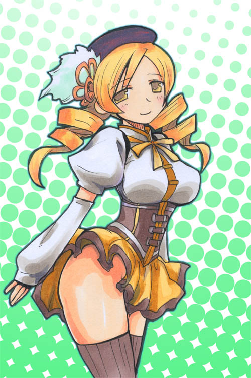 beret, blonde_hair, corset, detached_sleeves, drill_hair, halftone, halftone_background, hat, kikuta, mahou_shoujo_madoka_magica, no_panties, puffy_sleeves, skirt, smile, solo, thigh-highs, thighhighs, tomoe_mami, yellow_eyes