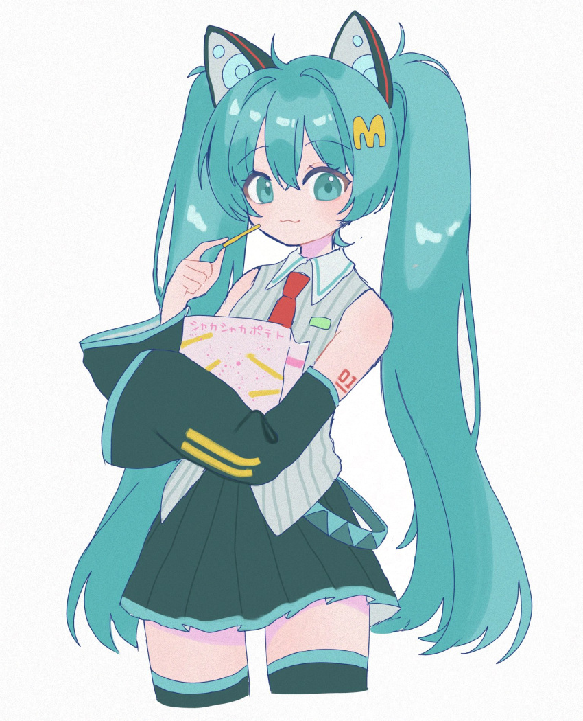 1girl, :3, adapted_costume, alternate_costume, animal_ears, aqua_eyes, aqua_hair, aqua_trim, bare_shoulders, black_boots, black_skirt, black_sleeves, boots, cat_ears, collared_shirt, cropped_legs, detached_sleeves, food, french_fries, grey_shirt, hair_between_eyes, hatsune_miku, highres, holding, holding_food, looking_at_viewer, mcdonald's, miniskirt, necktie, red_necktie, shiina_(qh38crgwgf1yeut), shirt, skirt, sleeveless, sleeveless_shirt, striped_clothes, striped_shirt, text_hair_ornament, thigh_boots, twintails, vertical-striped_clothes, vertical-striped_shirt, vocaloid