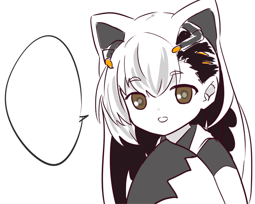 1girl, :d, black_hair, blank_speech_bubble, brown_eyes, colored_skin, commentary_request, highres