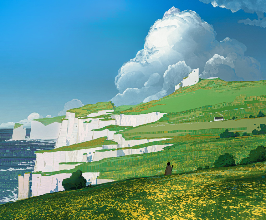 1boy, alariko, blue_sky, bush, cliff, clouds, cottage_(building), grass, grasslands, highres, hill, nature, ocean, original, outdoors, ruins, scenery, sky, solo, water