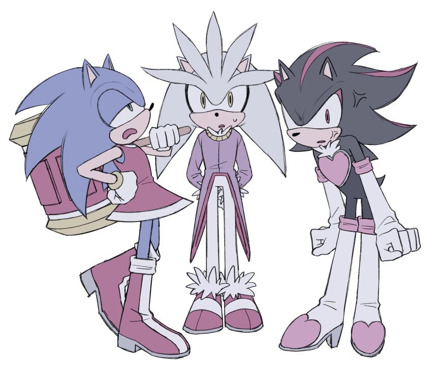3boys, amy_rose, amy_rose_(cosplay), anger_vein, angry, bare_shoulders, blaze_the_cat, blaze_the_cat_(cosplay)