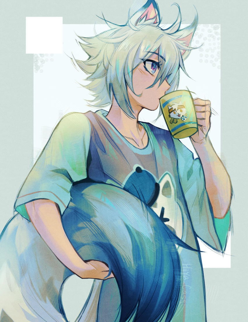 1boy, animal_ear_fluff, animal_ears, cat_boy, cat_ears, cat_tail, commentary, cup