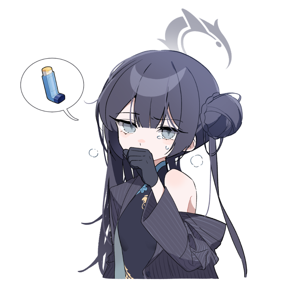 1girl, black_dress, black_gloves, black_hair, blue_archive, breath, bun_with_braided_base, center-flap_bangs