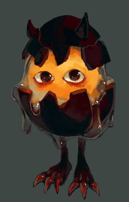 1other, brown_eyes, clawed_feet, claws, cracked_egg, cracked_shell, egg_yolk, eggshell