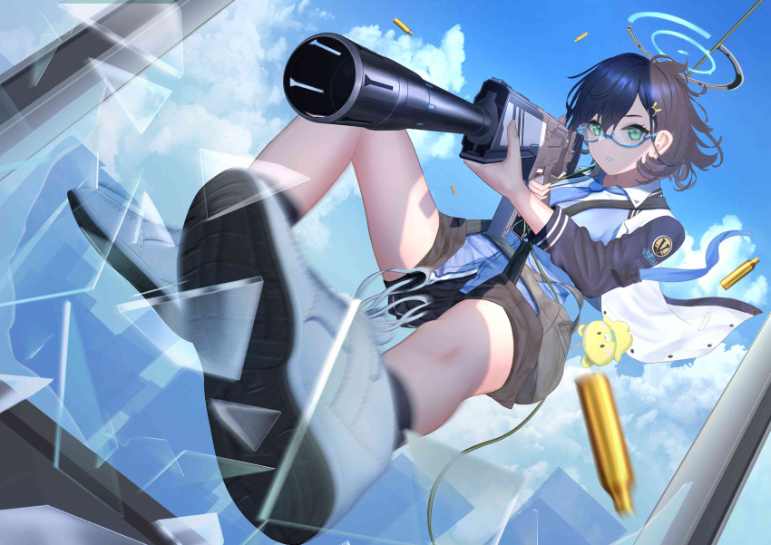 1girl, absurdres, aiming, assault_rifle, black_skirt, blue-framed_eyewear, blue_archive, blue_hair