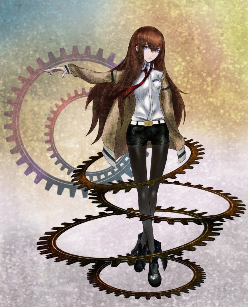 blue_eyes, brown_hair, gears, highres, jacket, legs, legwear_under_shorts, long_hair