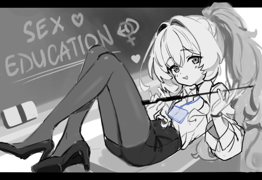 1girl, :3, absurdres, blue_archive, collared_shirt, full_body, greyscale, hair_between_eyes