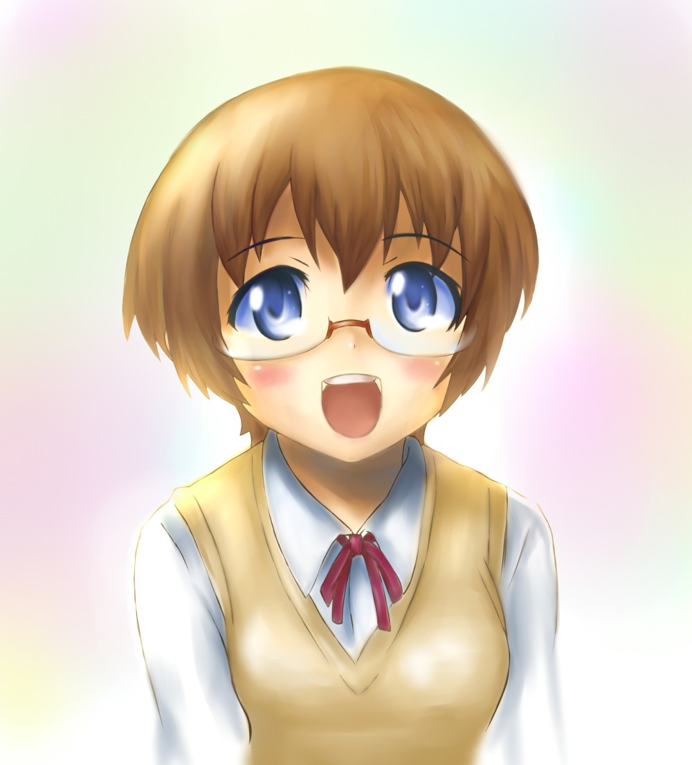 blue_eyes, blush, brown_hair, glasses, natsuin, open_mouth, ore_no_imouto_ga_konna_ni_kawaii_wake_ga_nai, school_uniform