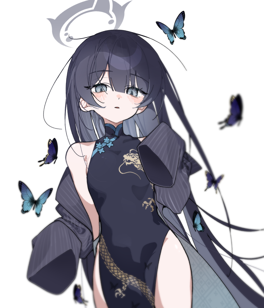 1girl, alternate_hairstyle, black_dress, black_hair, blue_archive, blue_butterfly, blurry, blurry_foreground