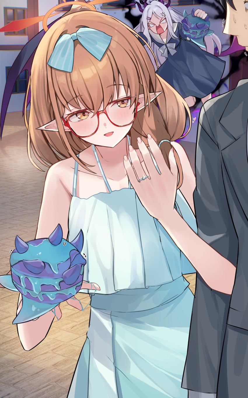 1boy, 2girls, absurdres, alternate_costume, anger_vein, aura, bare_arms, bare_shoulders