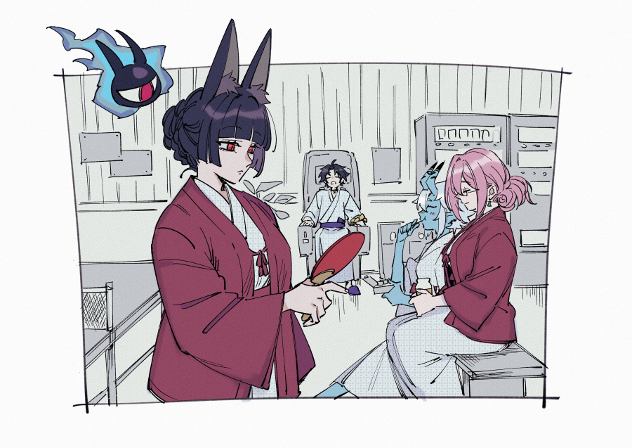 1boy, 3girls, animal_ear_fluff, animal_ears, asaba_harumasa, bath_yukata, black_hair, blue_horns