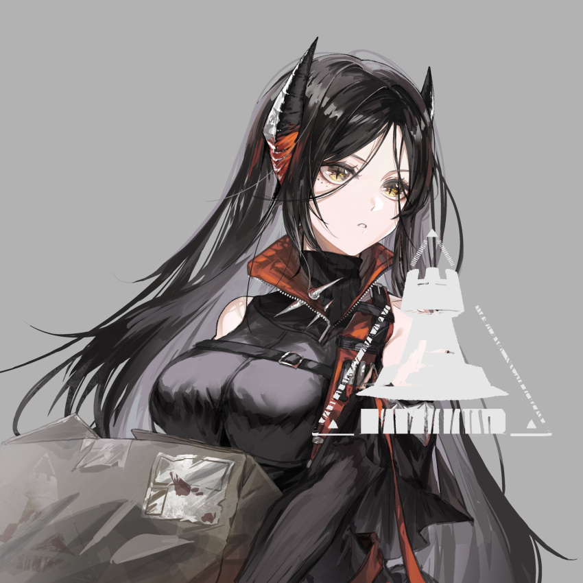 +_+, 1girl, akekaede824, arknights, bare_shoulders, black_dress, black_hair, box