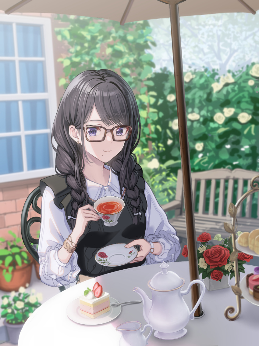 1girl, bench, bespectacled, black_hair, blush, bracelet, braid, breasts