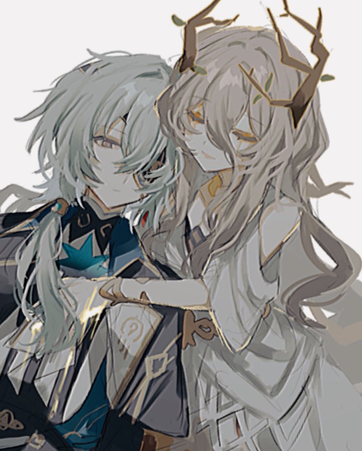 1boy, 1girl, anaxa_(honkai:_star_rail), ancient_greek_clothes, aqua_eyes, black_capelet, brown_eyeliner, brown_hair