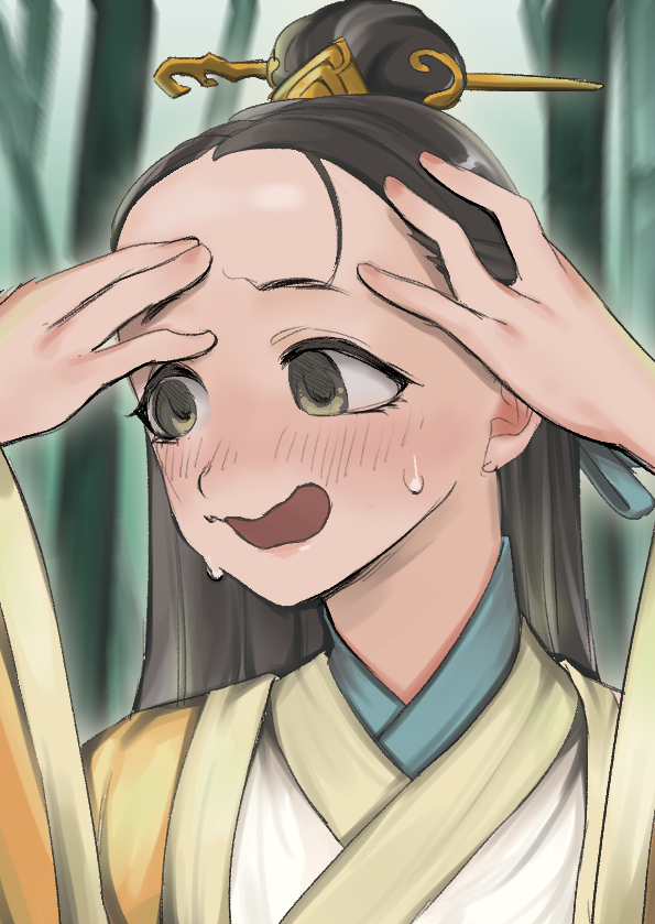 1girl, bangs_pinned_back, black_hair, blush, downturned_eyes, forehead, hair_bun, hair_ornament