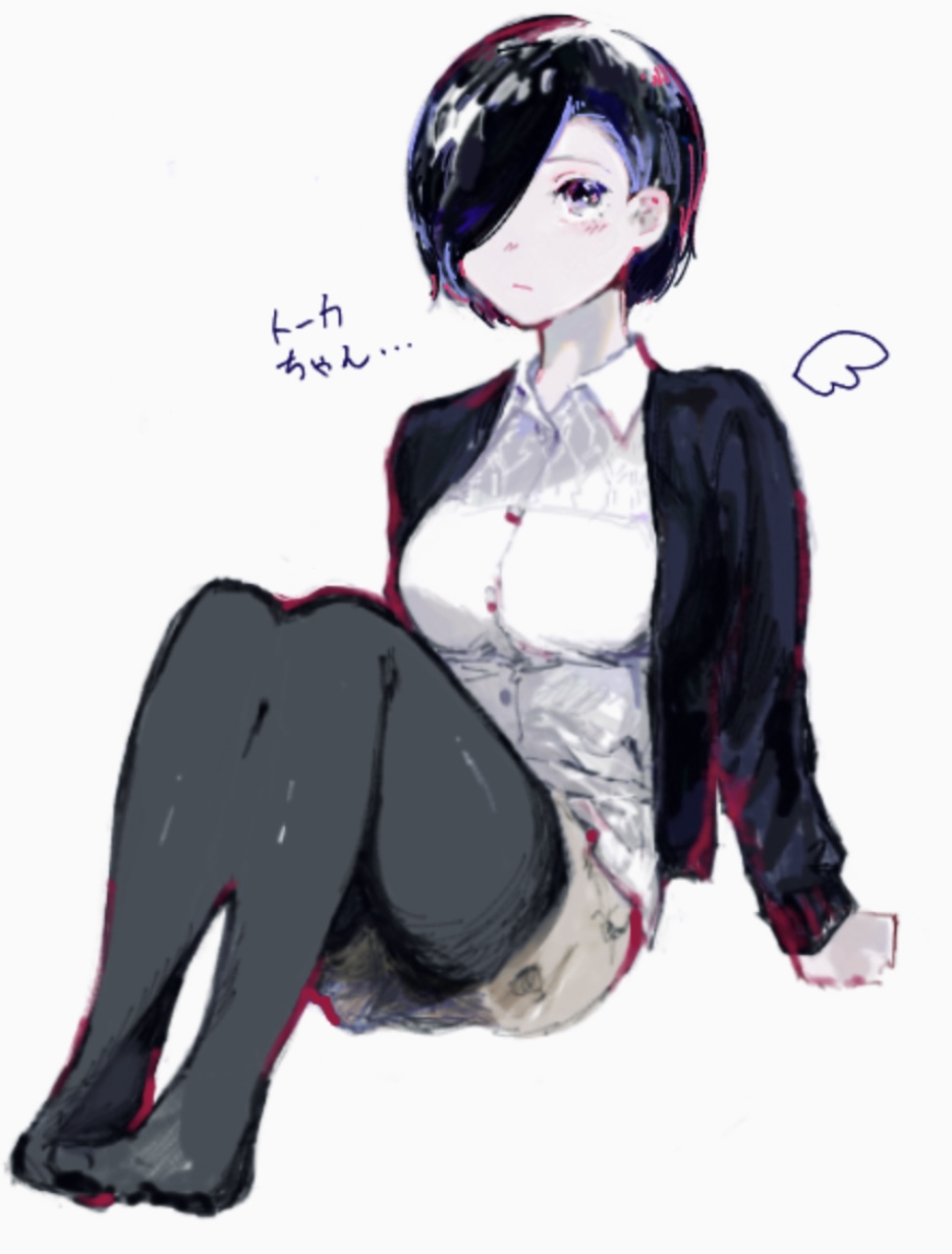 1girl, black_hair, black_jacket, black_thighhighs, breasts, detached_wings, hair_over_one_eye, highres