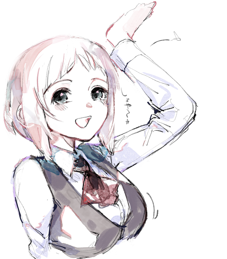 1girl, :d, ascot, blush, breasts, cropped_torso, hairu_ihei, large_breasts