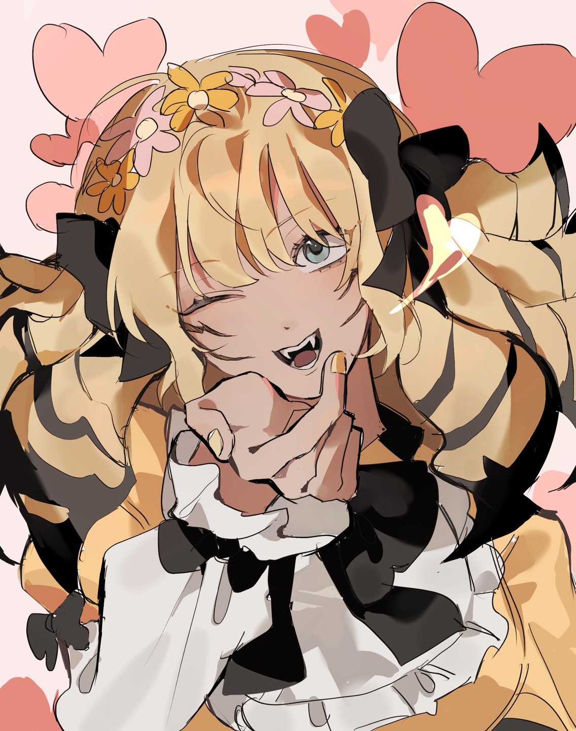 1girl, ;d, arthropod_girl, bee_girl, black_bow, black_bowtie, blonde_hair, blue_eyes