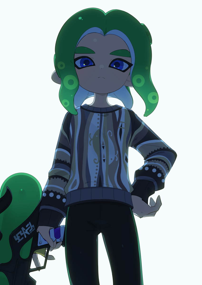 1boy, absurdres, blue_eyes, brown_sweater, closed_mouth, commentary_request, green_hair, hand_on_own_hip
