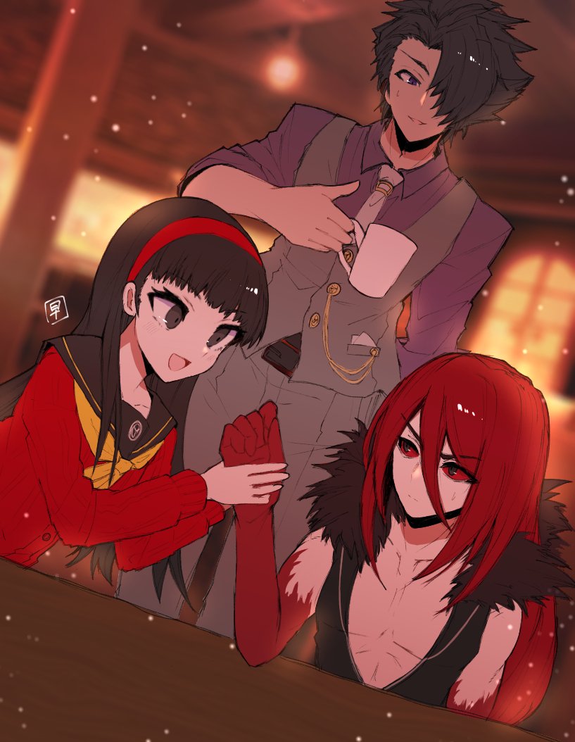 1girl, 2boys, amagi_yukiko, black_eyes, black_hair, carmine_(under_night_in-birth), colored_sclera, cup