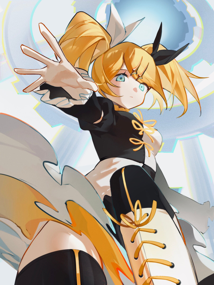 1girl, amiably_02, black_dress, black_ribbon, black_sleeves, black_thighhighs, blonde_hair, blue_eyes, boots, breasts, checkered_clothes, checkered_dress, cowboy_shot, detached_sleeves, dress, expressionless, from_below, hair_ornament, hair_ribbon, hairclip, highres, kagamine_rin, long_sleeves, looking_at_viewer, medium_breasts, outstretched_arm, outstretched_hand, puffy_sleeves, ribbon, solo, thigh-highs, thighs, twintails, vocaloid, white_boots, white_dress, white_ribbon, yellow_ribbon