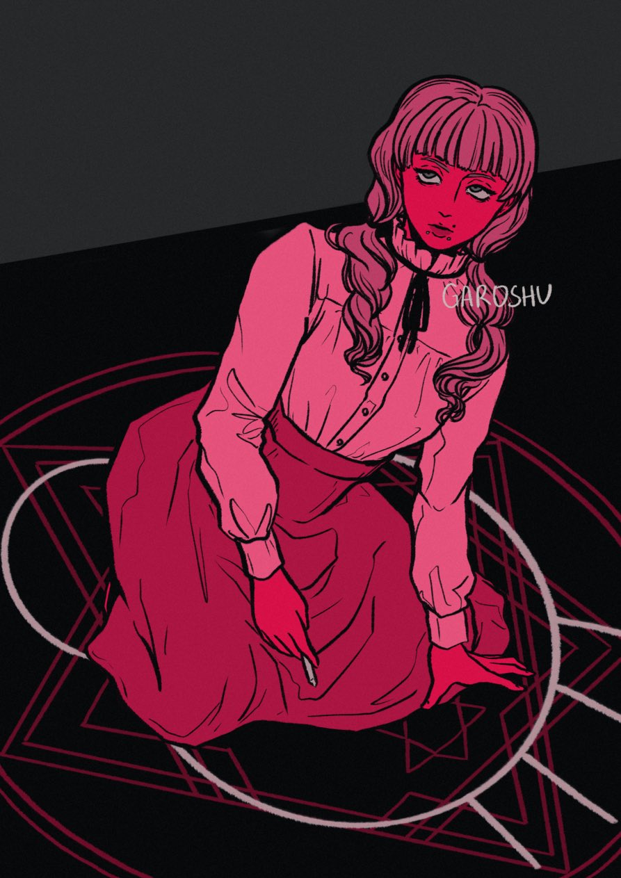 1girl, artist_name, black_background, black_ribbon, blunt_bangs, brown_eyes, chalk, closed_mouth