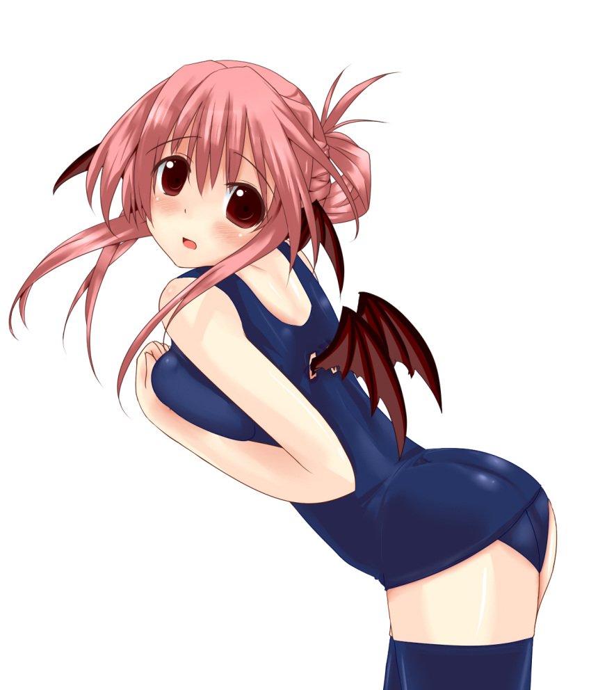 aemoti, alternate_hairstyle, bat_wings, blue_legwear, breast_suppress, breasts, head_wings, highres, koakuma, one-piece_swimsuit, pandamonium, pink_hair, red_eyes, red_hair, school_swimsuit, solo, swimsuit, the_embodiment_of_scarlet_devil, thigh-highs, thighhighs, touhou, wings