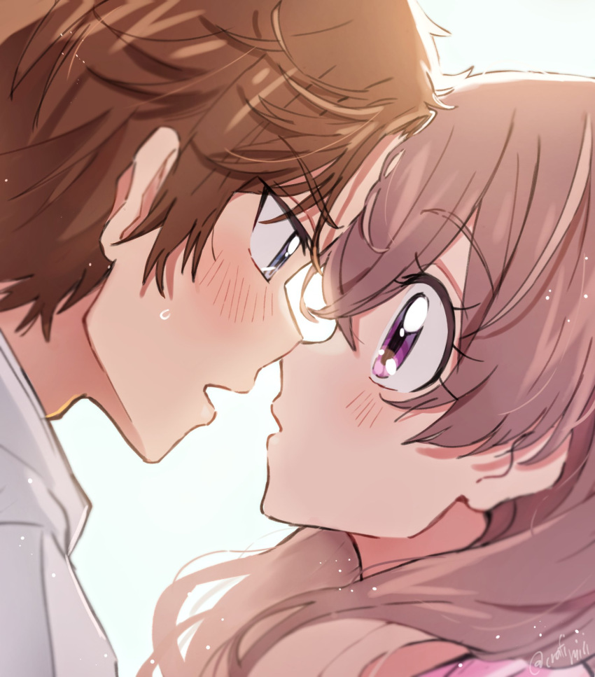 1boy, 1girl, blush, brown_hair, chest_pounding, close-up, couple, delicious_party_precure, flirting, hetero, highres, imminent_kiss, jaw, jawbone, long_hair, looking_at_another, looking_to_the_side, looking_up, mature_female, mature_male, miri_(crafimiri), nagomi_yui, nervous, nervous_sweating, parted_bangs, precure, shinada_takumi, short_hair, sweat, sweatdrop