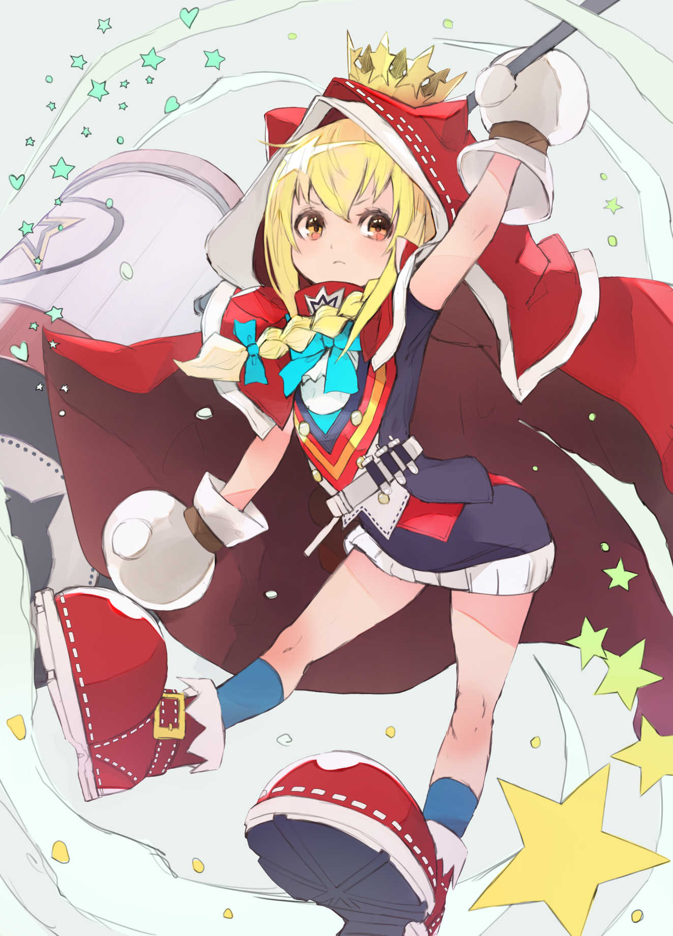 1girl, animal_ear_hood, arm_up, bana_(stand_flower), blonde_hair, blue_bow, blue_socks, bow