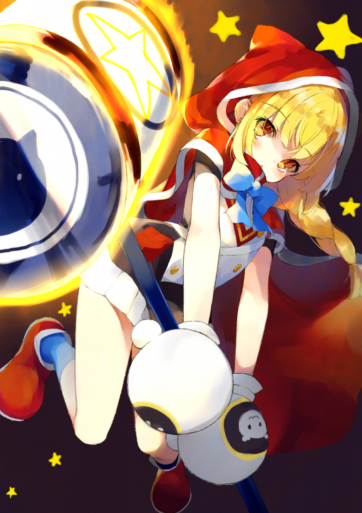 1girl, :o, black_background, blonde_hair, blue_bow, blue_socks, bow, braid