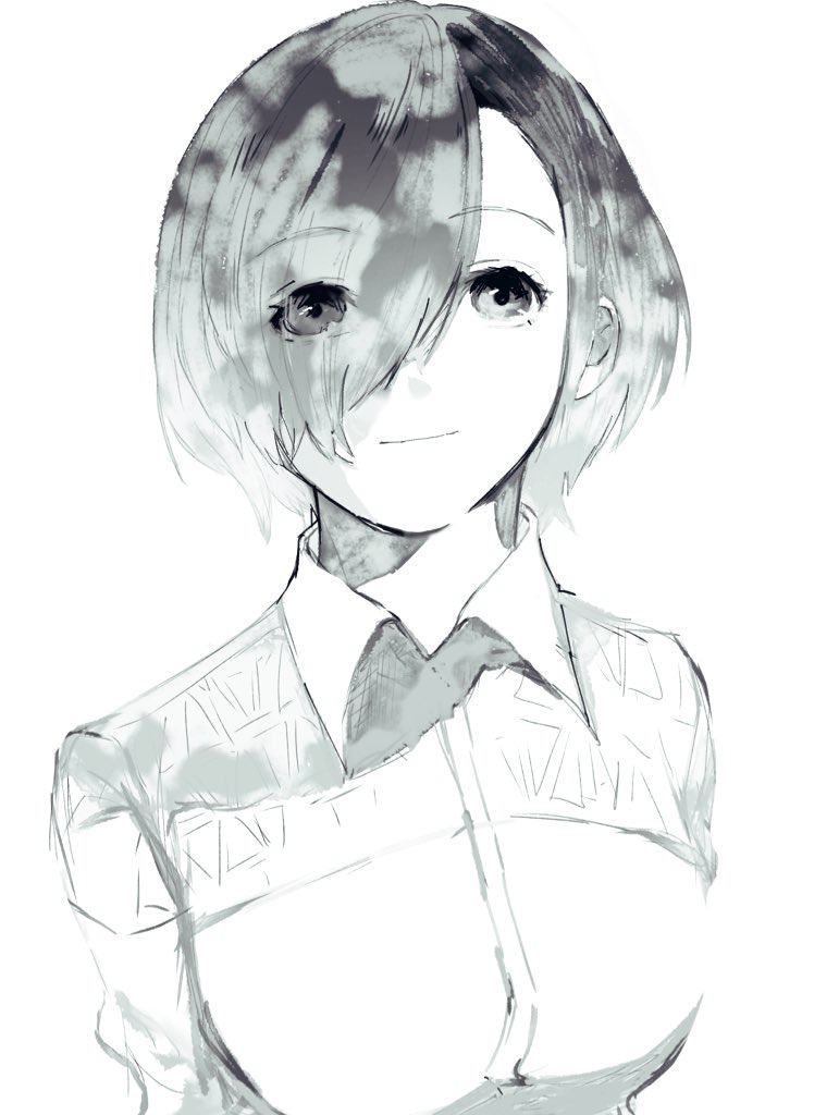 1girl, breasts, closed_mouth, eyes_visible_through_hair, hair_over_one_eye, kirishima_touka, large_breasts, looking_at_viewer, numuhe, short_hair, simple_background, solo, tokyo_ghoul, tokyo_ghoul:re, upper_body, white_background