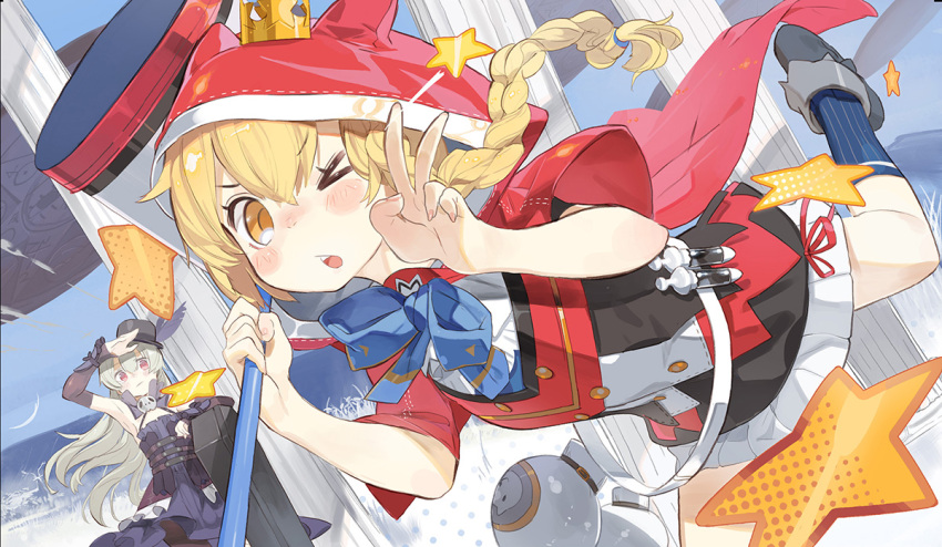 2girls, animal_ear_hood, arm_up, black_shoes, blonde_hair, blue_bow, blue_socks, blush, bodach, bow, braid, cape, commentary_request, crown, expressionless, grey_hair, hammer, han-gyaku-sei_million_arthur, holding, holding_hammer, holding_weapon, hood, hood_up, hooded_cape, kneehighs, long_hair, looking_at_viewer, million_arthur_(series), mini_crown, multiple_girls, one_eye_closed, open_mouth, outdoors, pandegg, pillar, red_cape, red_eyes, renkin_arthur, shoes, socks, v, weapon, wink_star, yellow_eyes