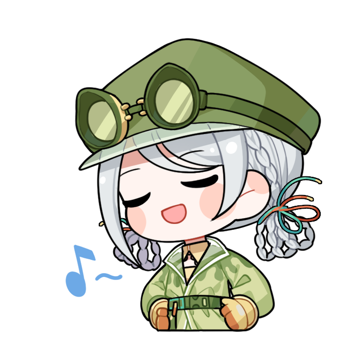 1girl, artist_request, belt, belt_buckle, blush_stickers, braid, braided_hair_rings, buckle, cabbie_hat, cable, chibi, cleavage_cutout, closed_eyes, clothing_cutout, coat, collared_coat, collared_shirt, cropped_torso, frilled_shirt_collar, frills, froggy_fashion_(infinity_nikki), gloves, goggles, goggles_on_headwear, green-framed_eyewear, green_belt, green_coat, green_hat, grey_hair, hair_rings, hair_tie, hands_on_own_hips, happy, hat, infinity_nikki, long_sleeves, medium_hair, musical_note, nikki_(series), official_art, open_mouth, rubber_gloves, shirt, smile, solo, transparent_background, yellow_gloves, yellow_shirt