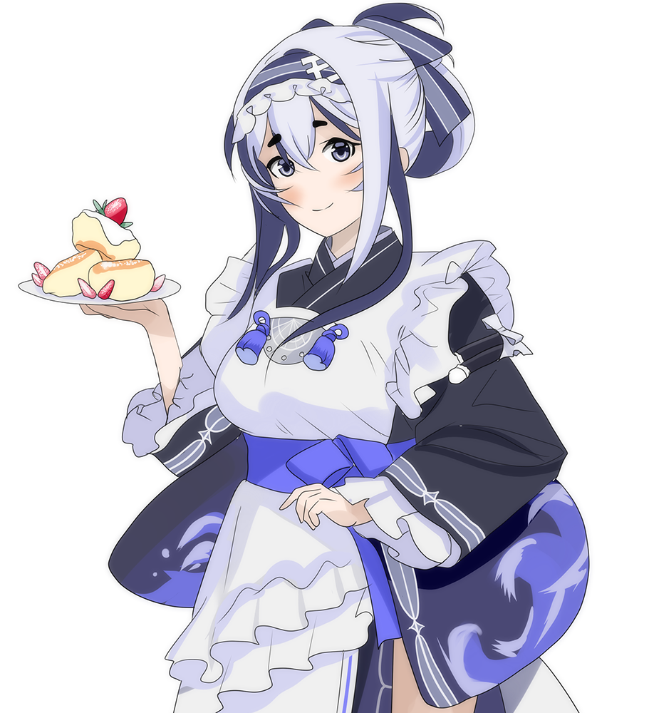 1girl, apron, black_kimono, blue_eyes, breasts, commentary_request, folded_hair, frilled_apron