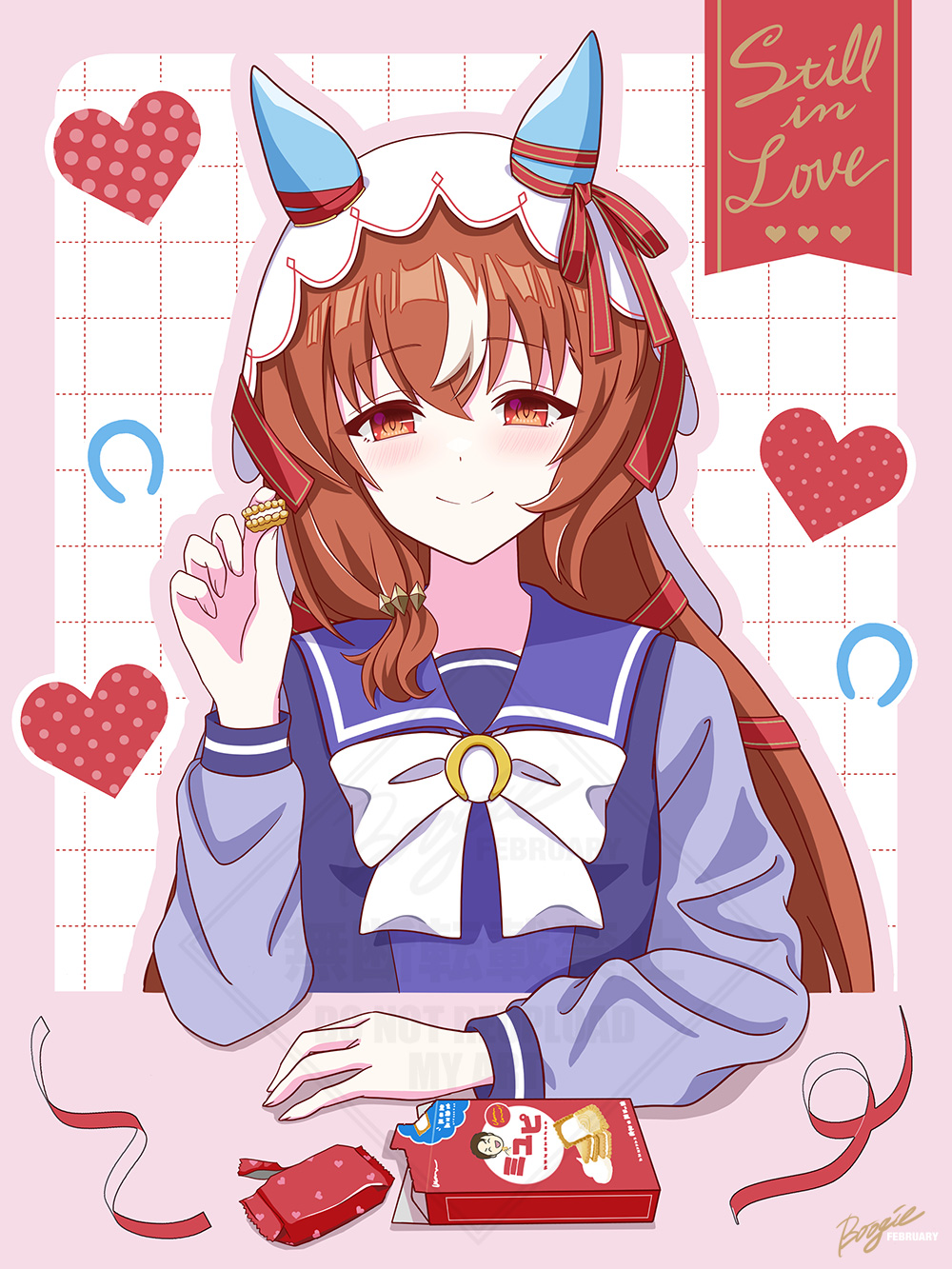 1girl, animal_ears, boogie_february, breasts, brown_hair, character_name, chocolate, collarbone