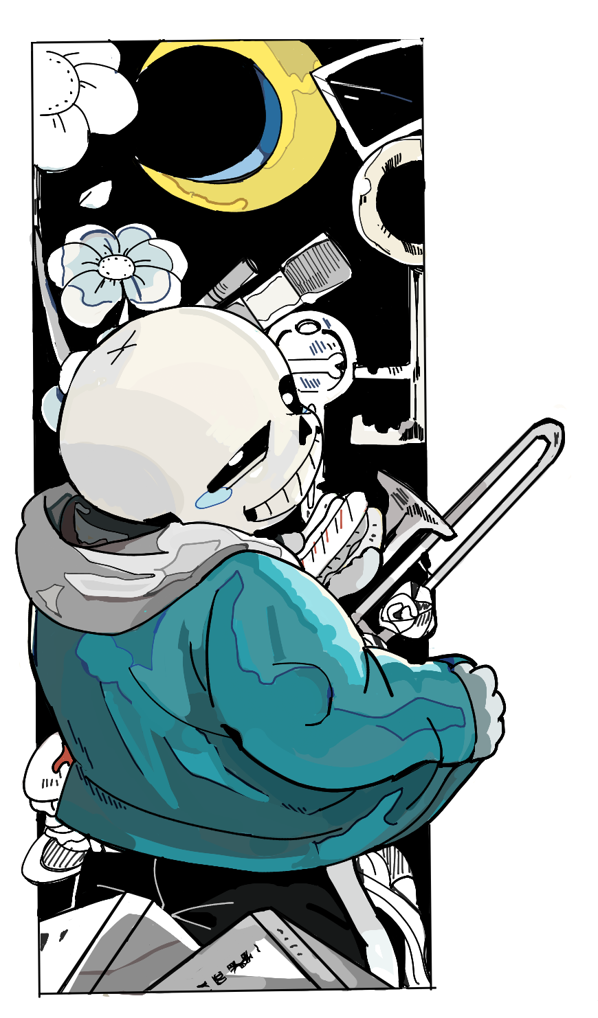 1boy, back, black_sclera, blue_jacket, colored_sclera, flower, grin, highres