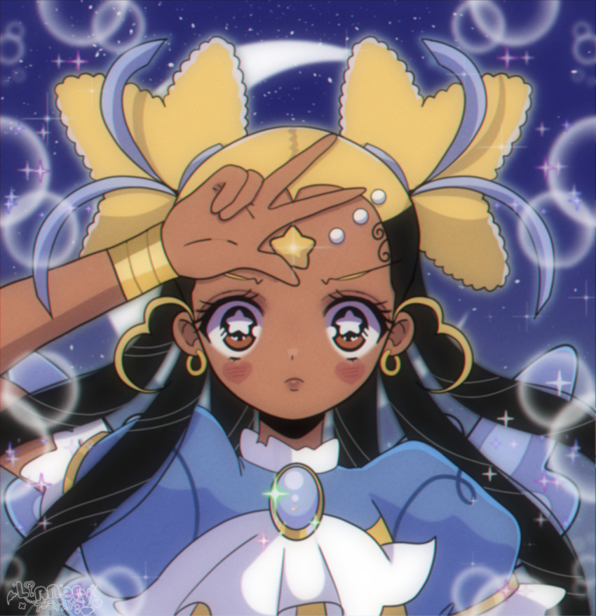 1990s_(style), 1girl, afro_puffs, aika_(kiana_mai), blush, brown_eyes, dark-skinned_female, dark_skin