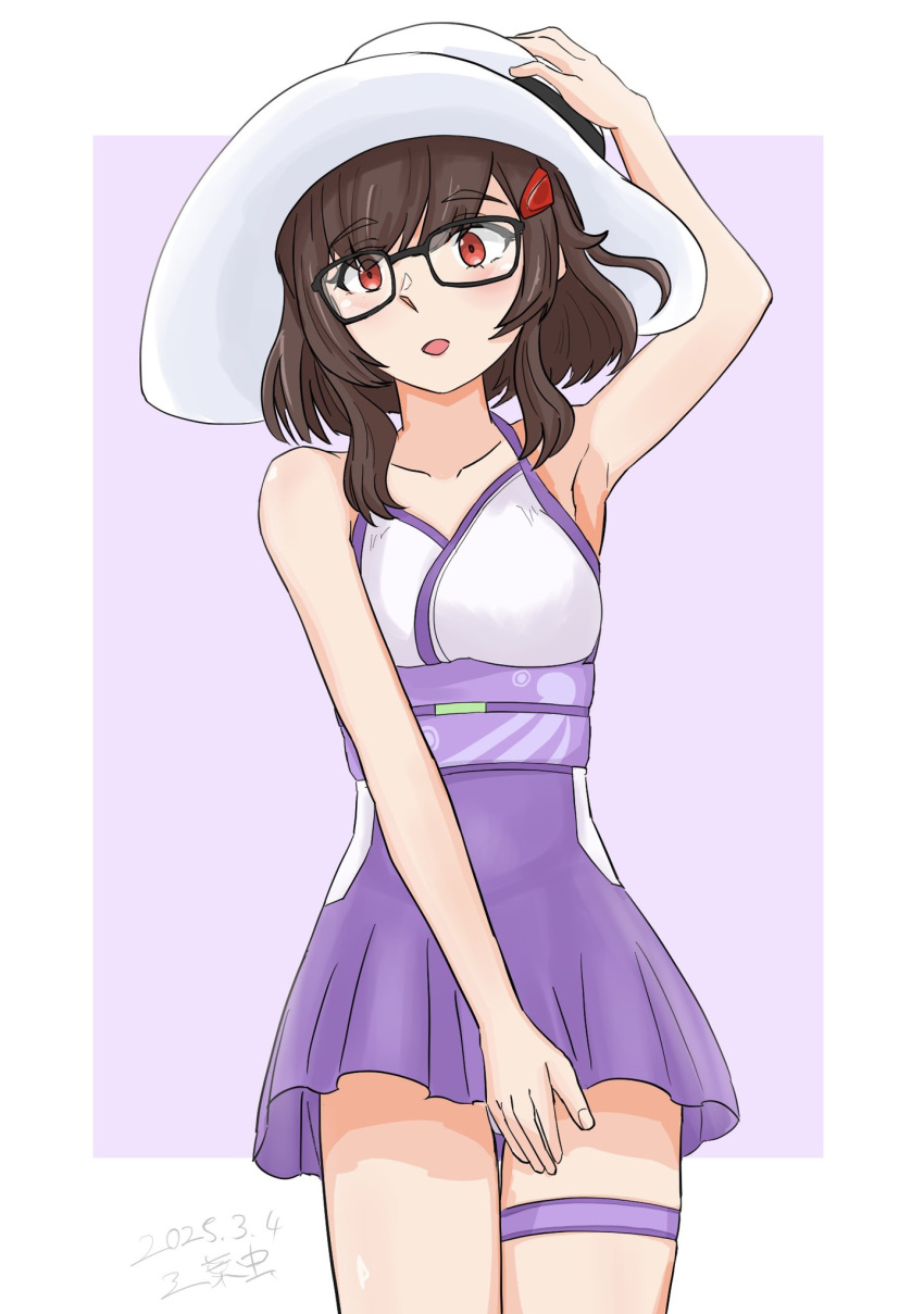 1girl, alice_gear_aegis, black-framed_eyewear, brown_hair, chishima_miyuki, dress_swimsuit, glasses, hat, highres, red_eyes, sanyochu_(r909sun), short_hair, swimsuit, white_hat