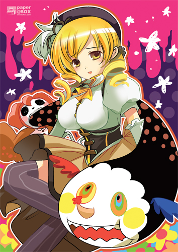 blonde_hair, breasts, charlotte_(madoka_magica), corset, drill_hair, hair_ornament, hat, large_breasts